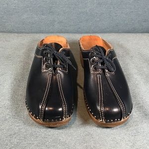 Bastad Original Swedish Blue Leather Lace Up Wooden Clogs Women's 37